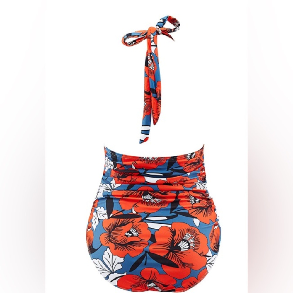 2BPrity Women's Blue & Red Floral Halter One Piece Swimsuit Size Medium (10) - Picture 3 of 10